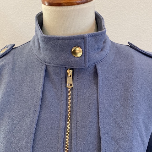 Zip Up Long Line Trench Coat Jacket, with Waist Belt, Blue - Picture 11 of 12
